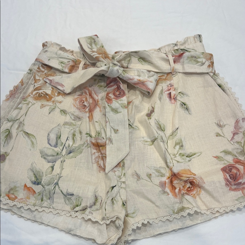 LoveShackFancy Cream Floral High Waist Shorts